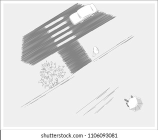 View on the street from above. The man under umbrella is walking down the stairs. Car on the road.