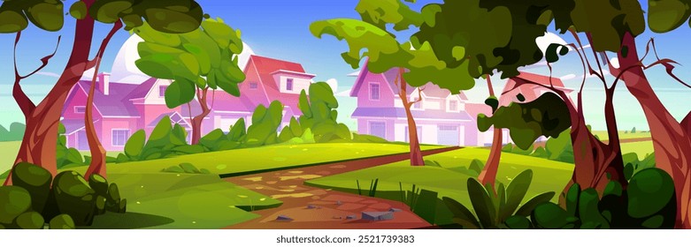 Vista sobre a paisagem suburbana da floresta com árvores verdes e grama, caminho do solo que leva a casas de família com pátios. Ilustração vetorial de desenhos animados da cena de bairro rural subúrbio com casas de campo.