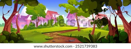 View on suburban landscape from forest with green trees and grass, soil path leading to family houses with yards. Cartoon vector illustration of suburb countryside neighborhood scene with cottages.
