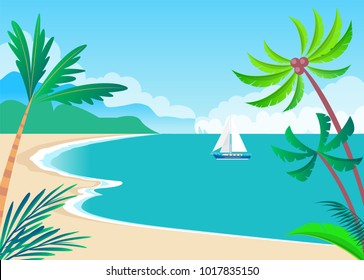 View on sunny coast with palms and cute vessel, vector illustration with sandy beach, calm sea, bright sky, mountains and green forest, color poster
