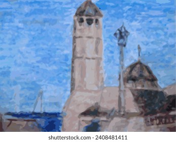 View on a sunny day from the Seaport to the Church of St. Nicholas is on the dock, Odesa, Ukraine. Hand drawn seascape in pastel style