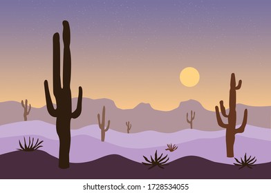 View on sunset in sandy desert landscape with cactus plants. Purple and yellow trendy flat background. Abstract background vector illustration. 