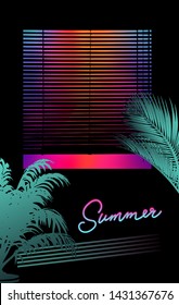 View on a sunset through jalosie louver  window, Dark room with palm trees. Vaporwave/ synthwave/ retrowave 80s-90s surreal neon aesthetic style vector stylish retrofuturistic illustration.