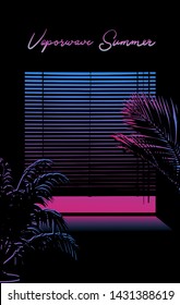 View on a sunset through jalosie louver  window, Dark room with palm trees. Vaporwave/ synthwave/ retrowave 80s-90s surreal neon aesthetic style vector stylish retrofuturistic illustration.