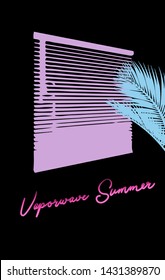 View on a sunset through jalosie louver  window, Dark room with palm trees. Vaporwave/ synthwave/ retrowave 80s-90s surreal neon aesthetic style vector stylish retrofuturistic illustration.