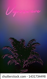 View on a sunset through jalosie louver  window, Dark room with palm trees. Vaporwave/ synthwave/ retrowave 80s-90s surreal neon aesthetic style vector stylish retrofuturistic illustration.