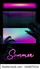 View on a sunset through jalosie louver window, Dark room with palm trees. Vaporwave/ synthwave/ retrowave 80s-90s surreal neon aesthetic style vector stylish retrofuturistic illustration.