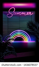 View on a sunset through jalosie louver window, Dark room with palms and neon ultraviolet signboads. Vaporwave/ synthwave/ retrowave 80s-90s aesthetic style vector retrofuturistic illustration.