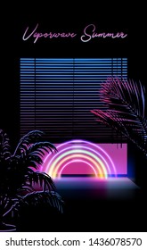 View on a sunset through jalosie louver window, Dark room with palms and neon ultraviolet signboads. Vaporwave/ synthwave/ retrowave 80s-90s aesthetic style vector retrofuturistic illustration.