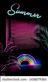 View on a sunset through jalosie louver window, Dark room with palms and neon ultraviolet signboads. Vaporwave/ synthwave/ retrowave 80s-90s aesthetic style vector retrofuturistic illustration.