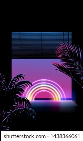 View on a sunset through jalosie louver window, Dark room with palms and neon ultraviolet signboads. Vaporwave/ synthwave/ retrowave 80s-90s aesthetic style vector retrofuturistic illustration.