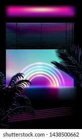 View on a sunset through jalosie louver window, Dark room with palms and neon ultraviolet signboads. Vaporwave/ synthwave/ retrowave 80s-90s aesthetic style vector retrofuturistic illustration.