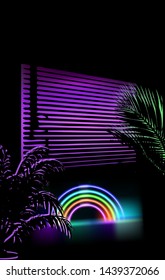 View on a sunset through jalosie louver window, Dark room with palms and neon ultraviolet signboads. Vaporwave/ synthwave/ retrowave 80s-90s aesthetic style vector retrofuturistic illustration.