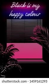 View on a sunset through jalousie louver window, Dark room with palms and neon ultraviolet signboads. Vaporwave/ synthwave/ retrowave 80s-90s aesthetic style vector retrofuturistic illustration.