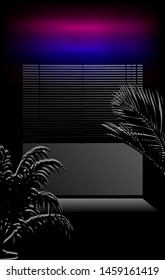 View on a sunset through jalousie louver window, Dark room with palms and neon ultraviolet signboads. Vaporwave/ synthwave/ retrowave 80s-90s aesthetic style vector retrofuturistic illustration.