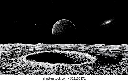 view on surface of the Moon and Earth. Handmade work.Vector illustration