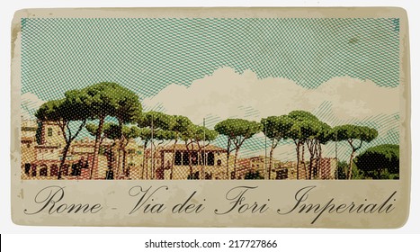 View on Via dei Fori Imperiali street in Rome. Vintage travel postcard.