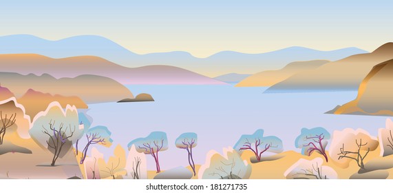 View on the wide river. In distan?e mountains