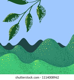 View on wild mountains and branch with leaves. Sunny mountains and leaves eaten by worms for your artwork