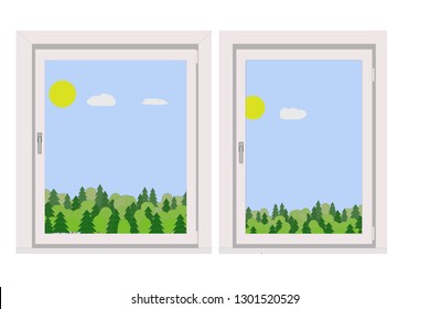 view from the one glass plastic window on nature, the forest and the sun vector illustration
