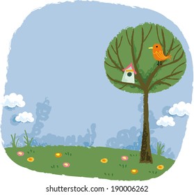 The view of one tree in the grassland 