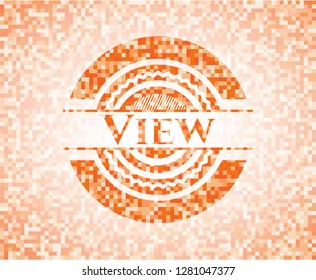 View orange tile background illustration. Square geometric mosaic seamless pattern with emblem inside.