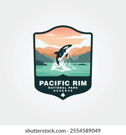 view of an orca whale jumping on pacific rim national park vector logo design