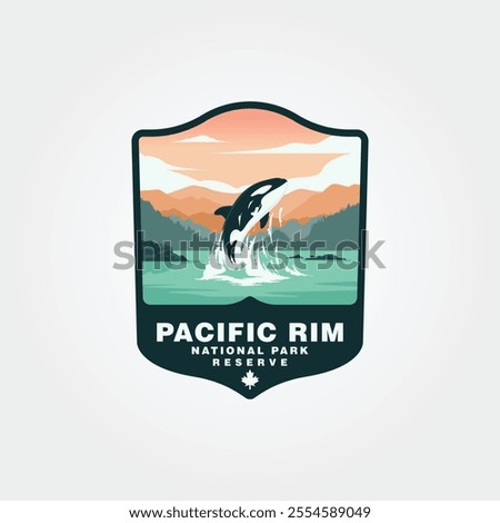 view of an orca whale jumping on pacific rim national park vector logo design