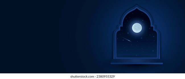 View from an oriental style window to a starry sky with a full moon and a shooting star. Luxurious arabic interior. Vector illustration. EPS 10.