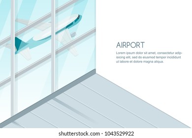 View out of airport terminal window on takeoff airplane. Flying jet plane, vector 3d isometric sytle illustration. Travel and tourism concept. Banner design elements with copy space.