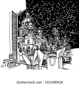 View out of the window at the street and falling snow. Hand drawn sketch