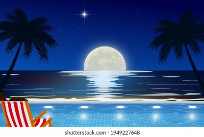 view of outdoor swimming pool on the beach in full moon night