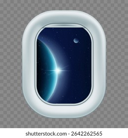 View of outer space with planets and stars through the porthole of a spaceship. Vector illustration