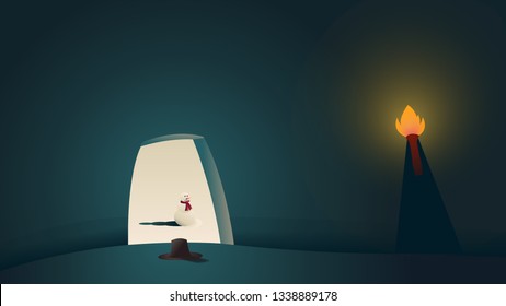 View of the outside of a cave in the poles. It's a snowman out there. A hat on the floor at the entrance. A torch inside the cave.
