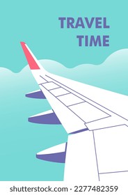 View outside the plane window. Travel, journey concept. Perfect background on the theme of season vacation, weekend. Vector illustration in minimalistic style.