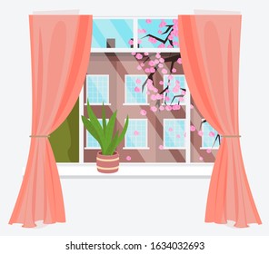 View outside window, asian country with cherry blossom. Spring cityscape, look inside of apartment. Interior of flat with plant in pot and modern curtains. Japanese skyline with sakura vector