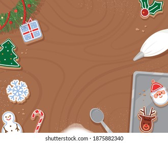 A view overlooking a dining table making Christmas cookies. Vector illustration of a Christmas event background.