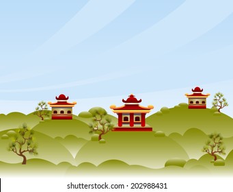 View with pagodas. Cartoon illustration with tranquil landscape. Abstract landscape with green hills, pagodas and pine trees. High soft sky above horizon. Vector file is grouped EPS8. Gradient fills.