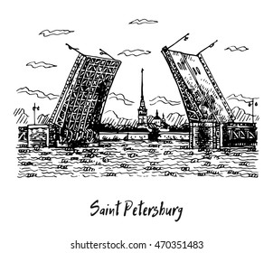 View of Palace Bridge with Peter and Paul Fortress - symbol of Saint Petersburg, Russia. Sketch by hand. Vector illustration.