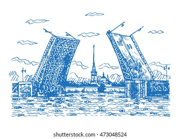 View of Palace Bridge with Peter and Paul Fortress - symbol of Saint Petersburg, Russia. Sketch by hand. Vector illustration.