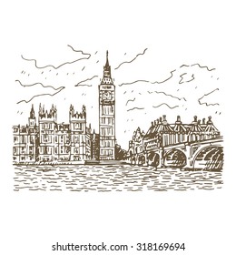 View of the Palace of Westminster, Elizabeth Tower (Big Ben) and Westminster Bridge. London, England, UK. Vector hand drawn sketch.