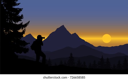 A view of a panoramic mountain landscape with forest and trees, standing man strolling rising sun on blue sky - vector with space for text