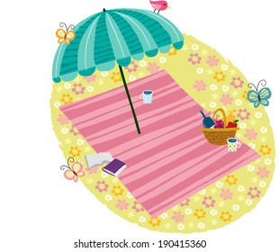 The view of parasol in the flower bed 