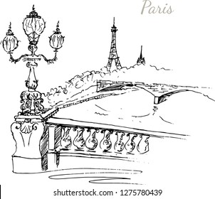View of Paris from the bridge. Vector illustration. 