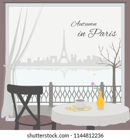 View of Paris cityscape from cafe window. Vector.