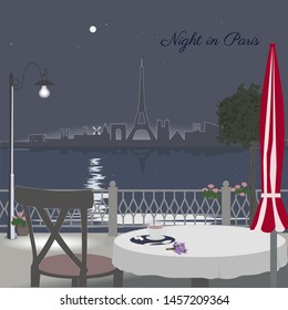 View Of Paris Cityscape From Street Cafe. Night Scene. Vector Illustration.