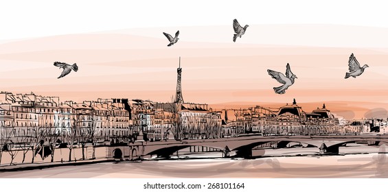 View of Paris from "Pont des arts" - Vector illustration