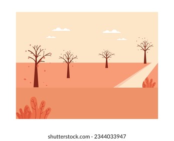Blick auf einen Parkhügel mit nackten Bäumen bis zum Herbst. Landschaft mit schöner Aussicht am Abend. Natürliches Design. Vektorgrafik