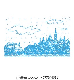 View of Parliament Hill and the Fairmount Chateau in Ottawa, Canada. Hand drawn sketch. Vector illustration