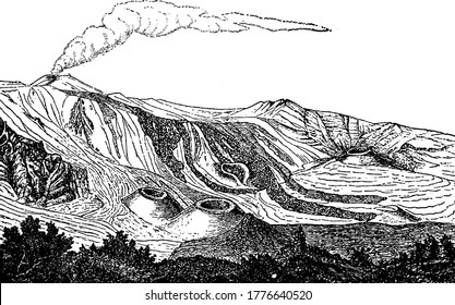 View of a part of the Val-del-Bove with parasitic cones and steep lava streams, vintage line drawing or engraving illustration.